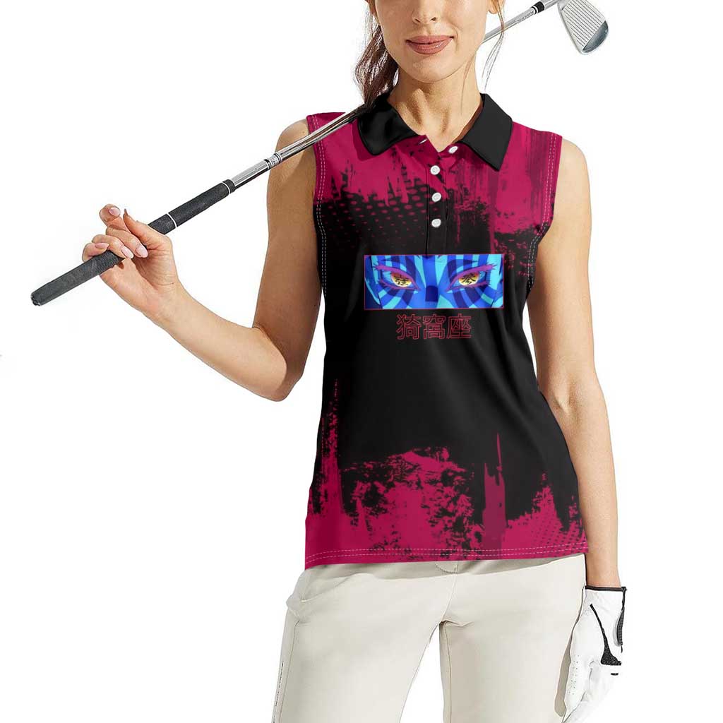 Akaza Demon Slayer Intense Eyes Design Women Sleeveless Polo Shirt with Red and Black Grunge Aesthetic and Dynamic Pose - The Mazicc