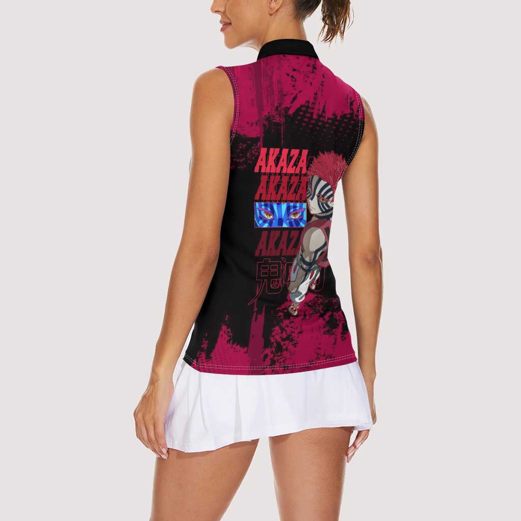 Akaza Demon Slayer Intense Eyes Design Women Sleeveless Polo Shirt with Red and Black Grunge Aesthetic and Dynamic Pose - The Mazicc