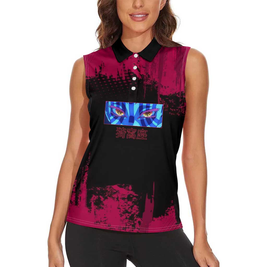 Akaza Demon Slayer Intense Eyes Design Women Sleeveless Polo Shirt with Red and Black Grunge Aesthetic and Dynamic Pose - The Mazicc