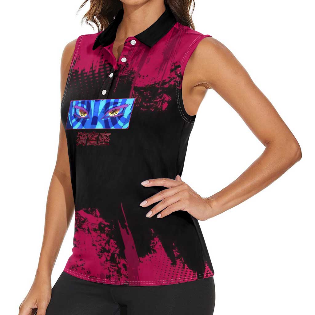 Akaza Demon Slayer Intense Eyes Design Women Sleeveless Polo Shirt with Red and Black Grunge Aesthetic and Dynamic Pose - The Mazicc