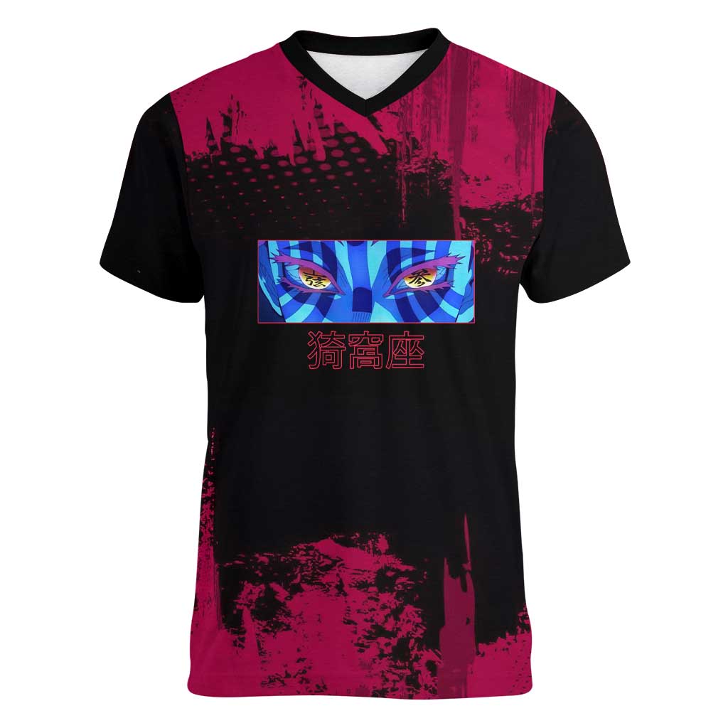 Akaza Demon Slayer Intense Eyes Design Women V-Neck T-Shirt with Red and Black Grunge Aesthetic and Dynamic Pose - The Mazicc