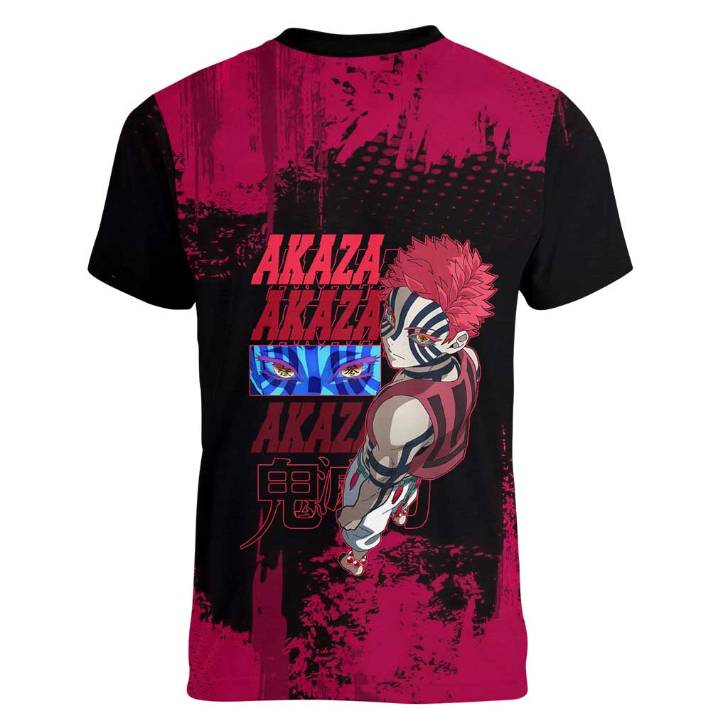 Akaza Demon Slayer Intense Eyes Design Women V-Neck T-Shirt with Red and Black Grunge Aesthetic and Dynamic Pose - The Mazicc