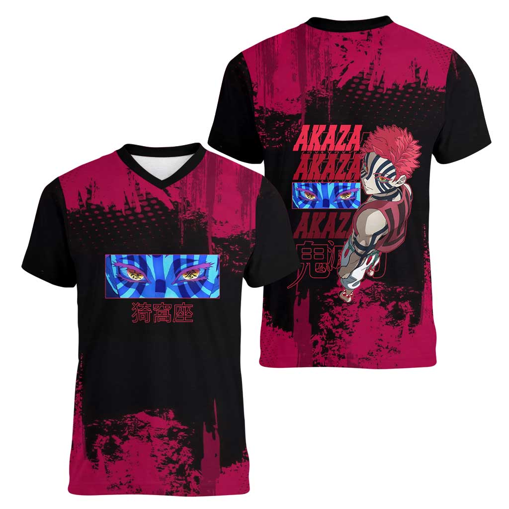 Akaza Demon Slayer Intense Eyes Design Women V-Neck T-Shirt with Red and Black Grunge Aesthetic and Dynamic Pose - The Mazicc