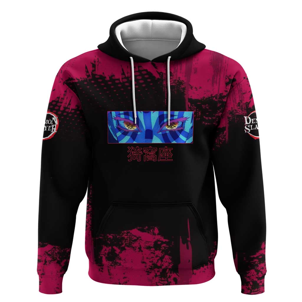 Akaza Demon Slayer Intense Eyes Design Zip Hoodie with Red and Black Grunge Aesthetic and Dynamic Pose - The Mazicc