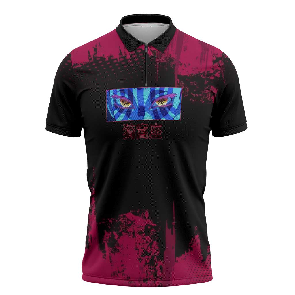 Akaza Demon Slayer Intense Eyes Design Zipper Polo Shirt with Red and Black Grunge Aesthetic and Dynamic Pose - The Mazicc