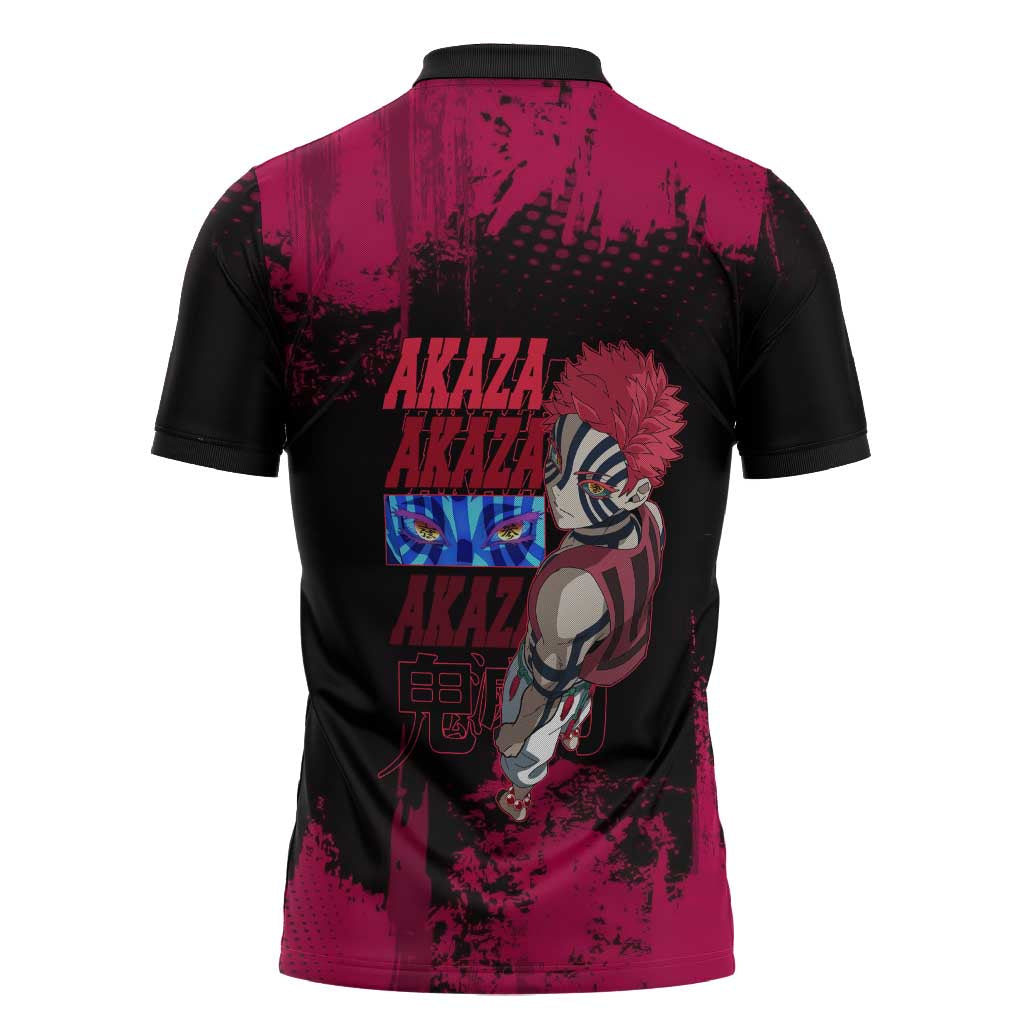 Akaza Demon Slayer Intense Eyes Design Zipper Polo Shirt with Red and Black Grunge Aesthetic and Dynamic Pose - The Mazicc
