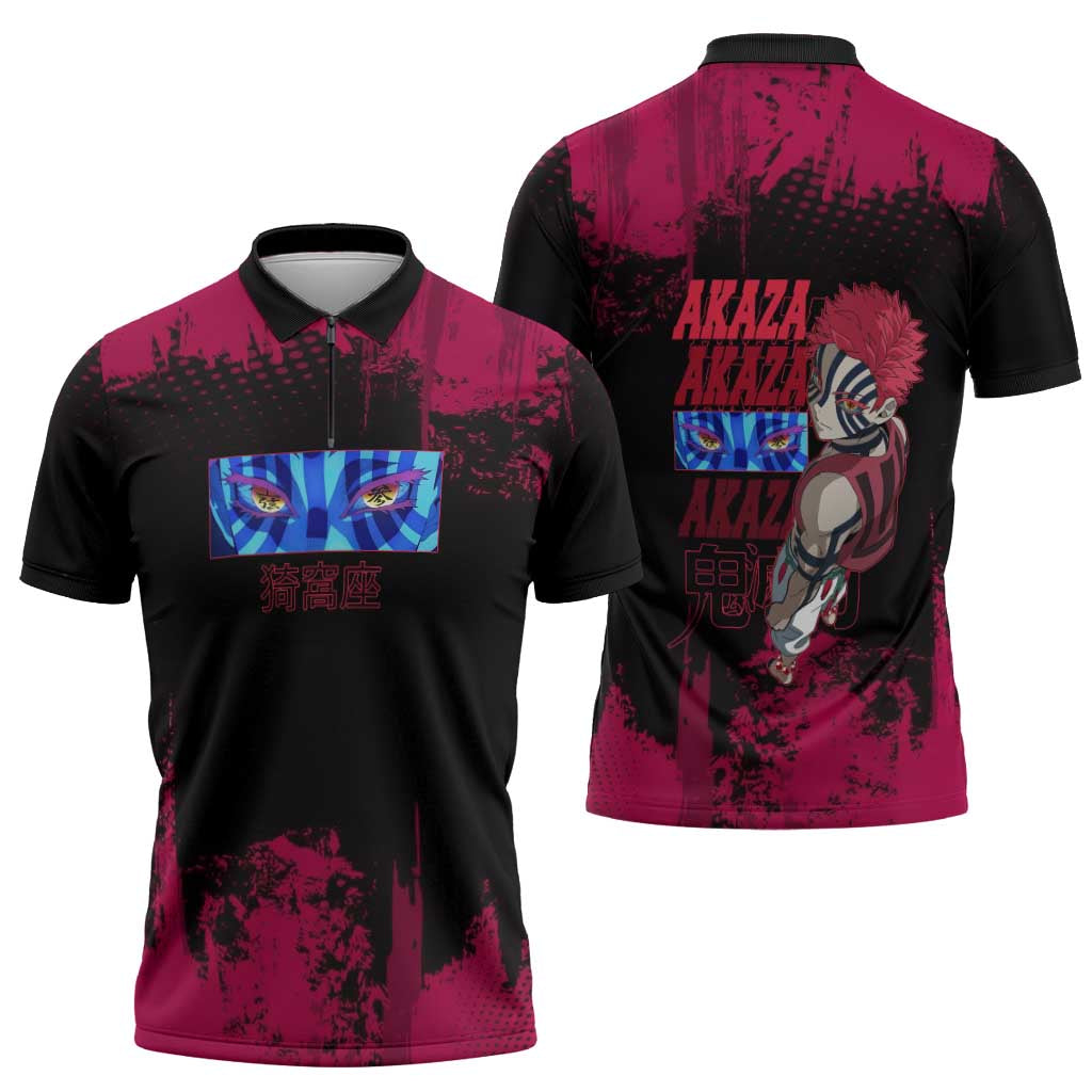 Akaza Demon Slayer Intense Eyes Design Zipper Polo Shirt with Red and Black Grunge Aesthetic and Dynamic Pose - The Mazicc