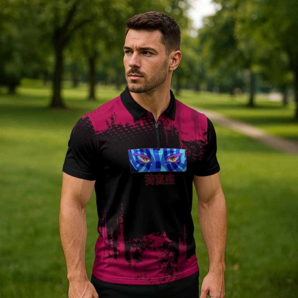 Akaza Demon Slayer Intense Eyes Design Zipper Polo Shirt with Red and Black Grunge Aesthetic and Dynamic Pose - The Mazicc