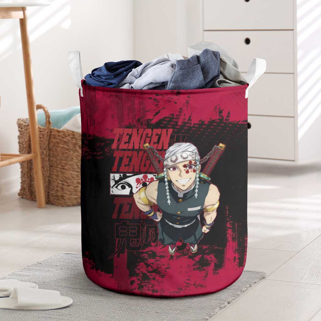 Tengen Uzui Demon Slayer Flashy Red Grunge Design Laundry Basket with Eye Detail and Dual Sword Pose - The Mazicc