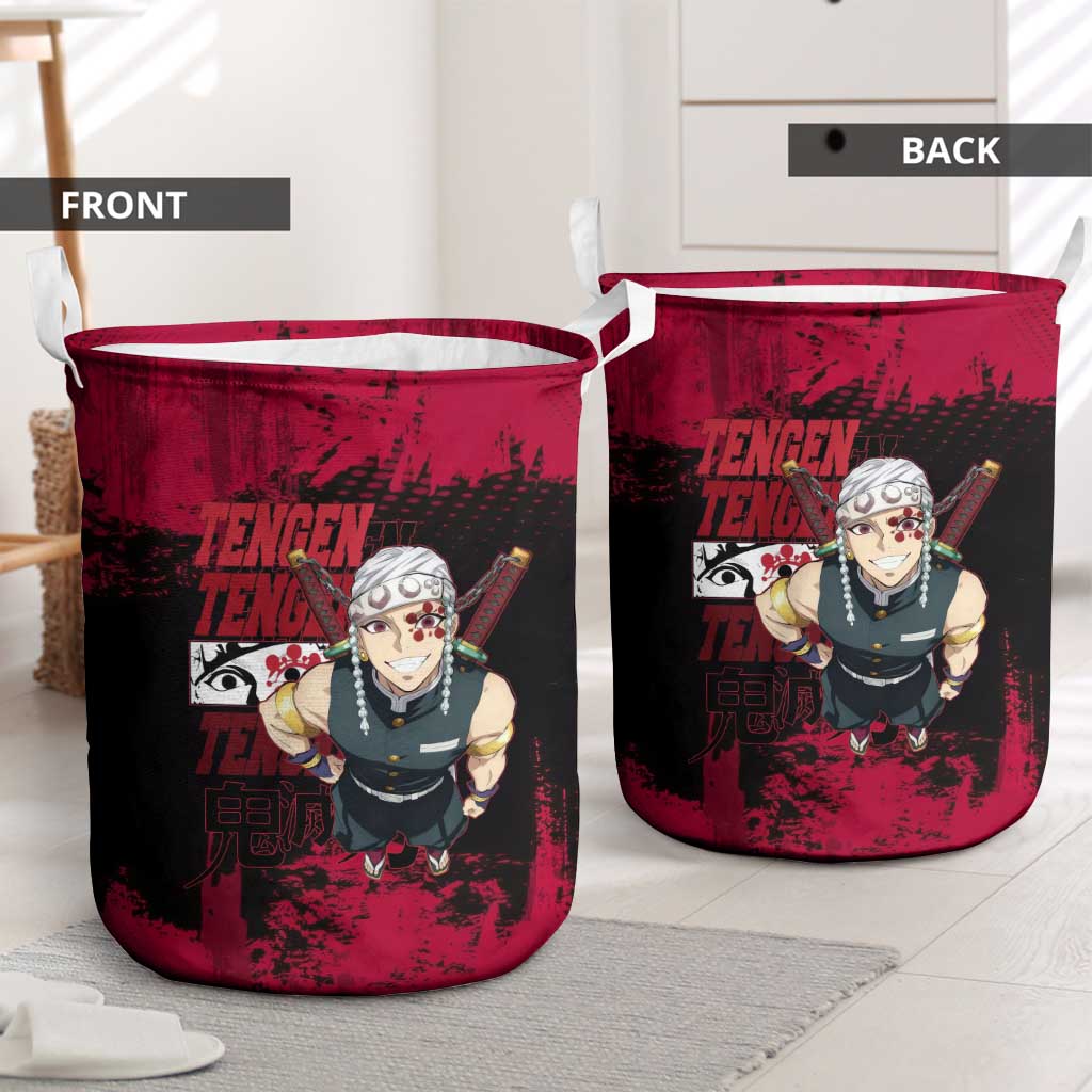 Tengen Uzui Demon Slayer Flashy Red Grunge Design Laundry Basket with Eye Detail and Dual Sword Pose - The Mazicc
