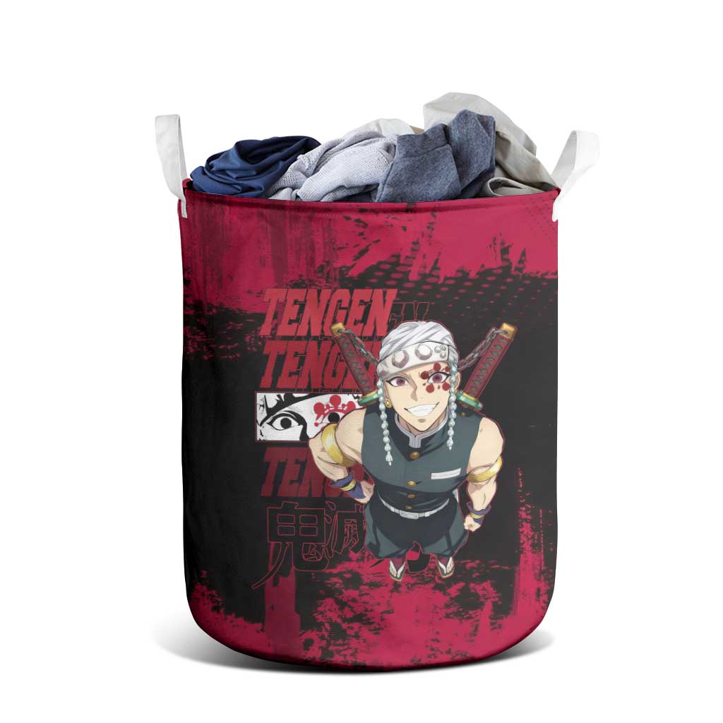 Tengen Uzui Demon Slayer Flashy Red Grunge Design Laundry Basket with Eye Detail and Dual Sword Pose - The Mazicc