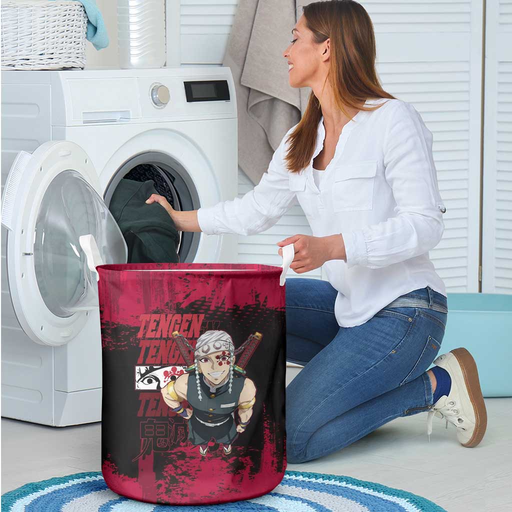 Tengen Uzui Demon Slayer Flashy Red Grunge Design Laundry Basket with Eye Detail and Dual Sword Pose - The Mazicc