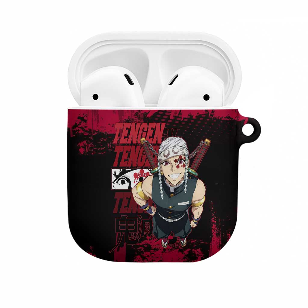 Tengen Uzui Demon Slayer Flashy Red Grunge Design AirPods Case with Eye Detail and Dual Sword Pose - The Mazicc