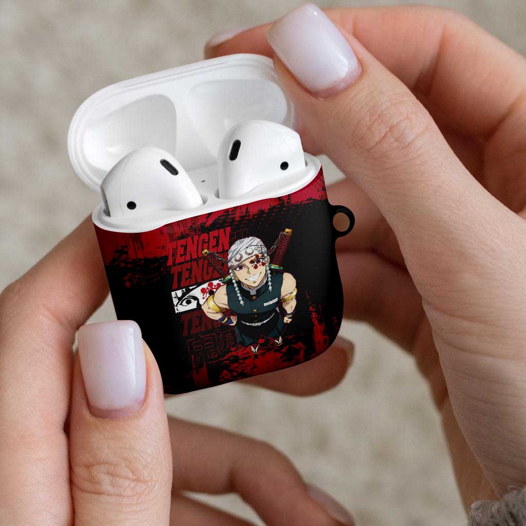 Tengen Uzui Demon Slayer Flashy Red Grunge Design AirPods Case with Eye Detail and Dual Sword Pose - The Mazicc