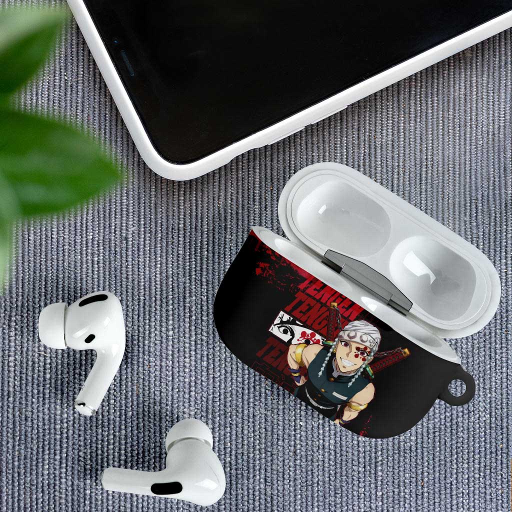 Tengen Uzui Demon Slayer Flashy Red Grunge Design AirPods Case with Eye Detail and Dual Sword Pose - The Mazicc