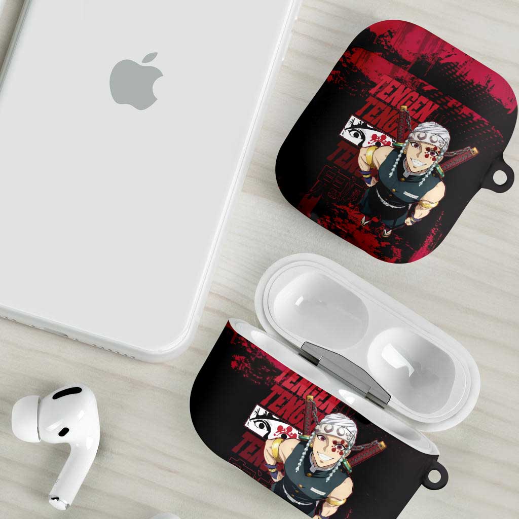 Tengen Uzui Demon Slayer Flashy Red Grunge Design AirPods Case with Eye Detail and Dual Sword Pose - The Mazicc
