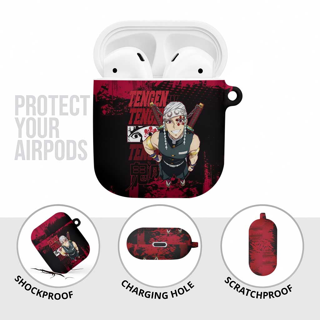 Tengen Uzui Demon Slayer Flashy Red Grunge Design AirPods Case with Eye Detail and Dual Sword Pose - The Mazicc