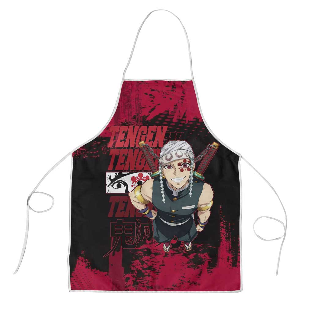 Tengen Uzui Demon Slayer Flashy Red Grunge Design Apron with Eye Detail and Dual Sword Pose - The Mazicc
