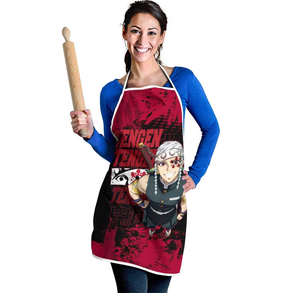 Tengen Uzui Demon Slayer Flashy Red Grunge Design Apron with Eye Detail and Dual Sword Pose - The Mazicc