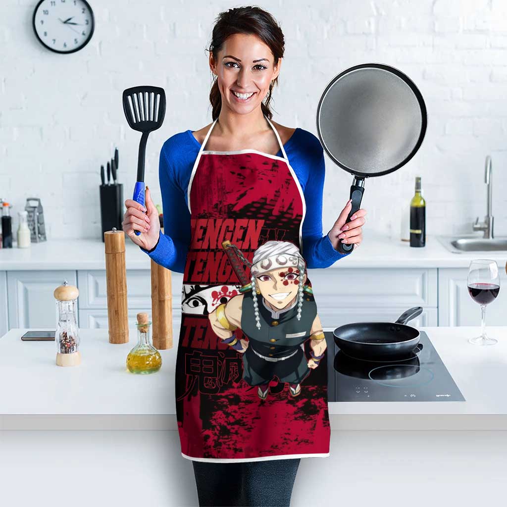 Tengen Uzui Demon Slayer Flashy Red Grunge Design Apron with Eye Detail and Dual Sword Pose - The Mazicc