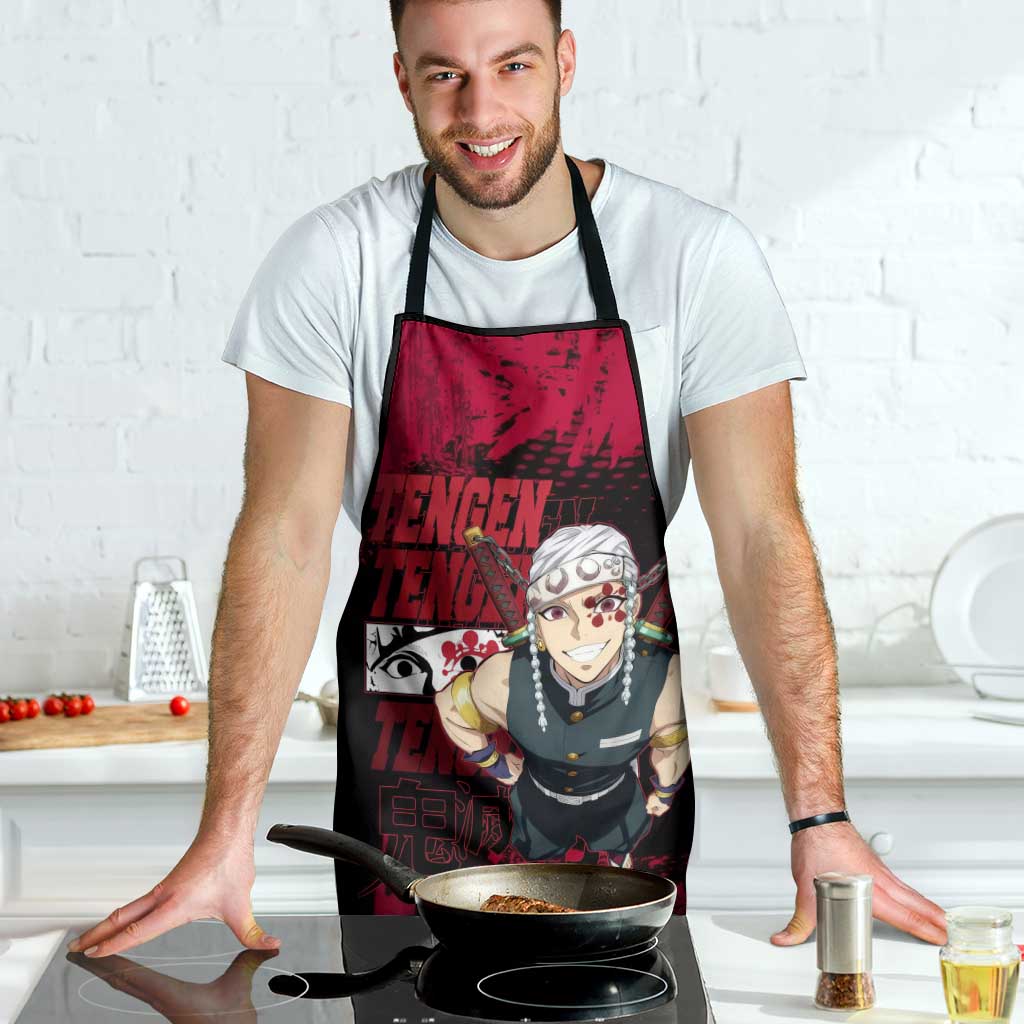 Tengen Uzui Demon Slayer Flashy Red Grunge Design Apron with Eye Detail and Dual Sword Pose - The Mazicc