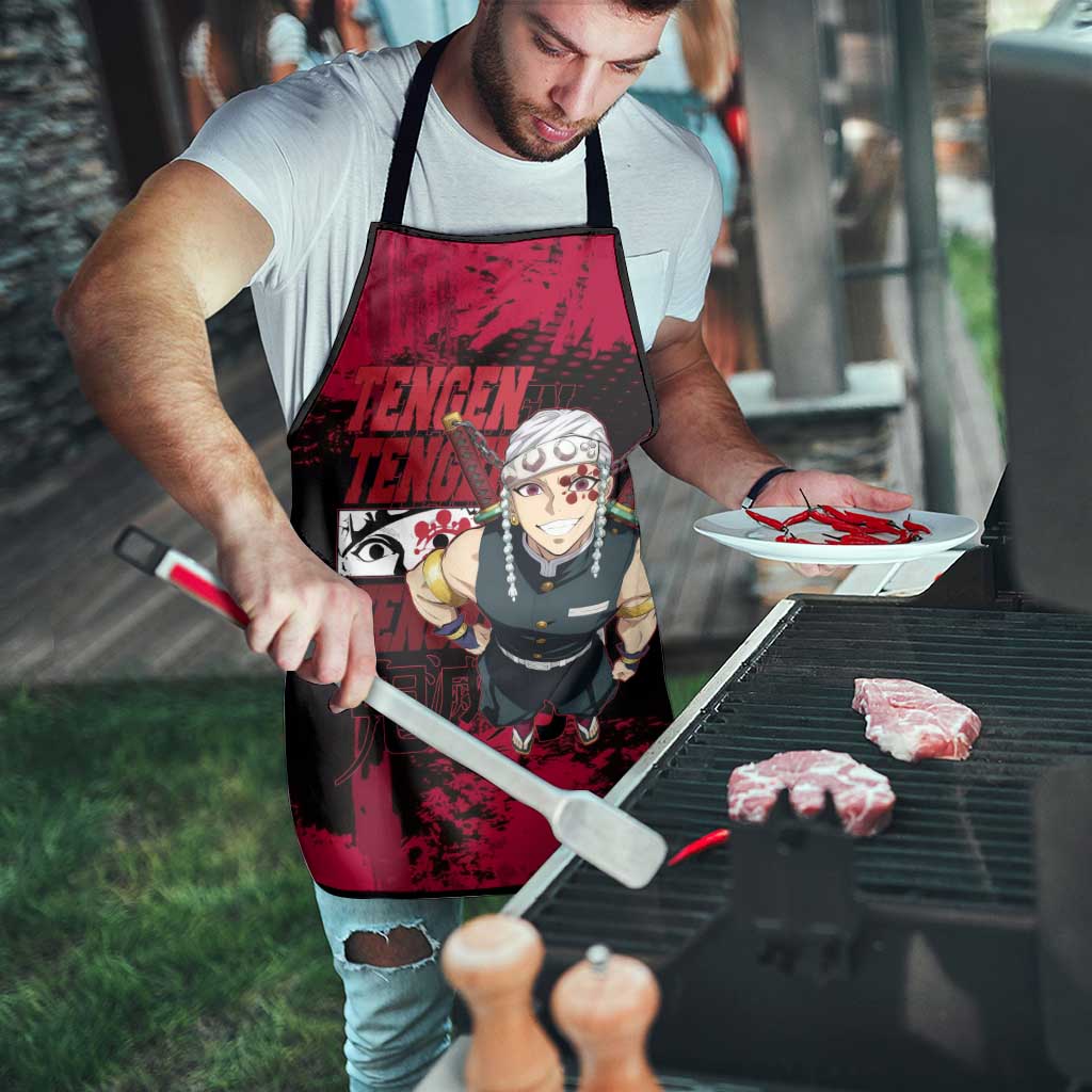 Tengen Uzui Demon Slayer Flashy Red Grunge Design Apron with Eye Detail and Dual Sword Pose - The Mazicc