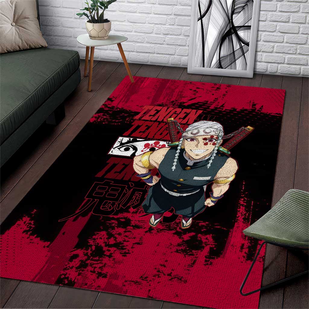 Tengen Uzui Demon Slayer Flashy Red Grunge Design Area Rug with Eye Detail and Dual Sword Pose - The Mazicc