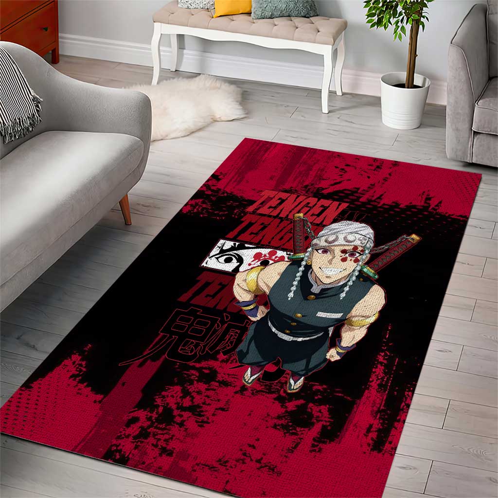 Tengen Uzui Demon Slayer Flashy Red Grunge Design Area Rug with Eye Detail and Dual Sword Pose - The Mazicc