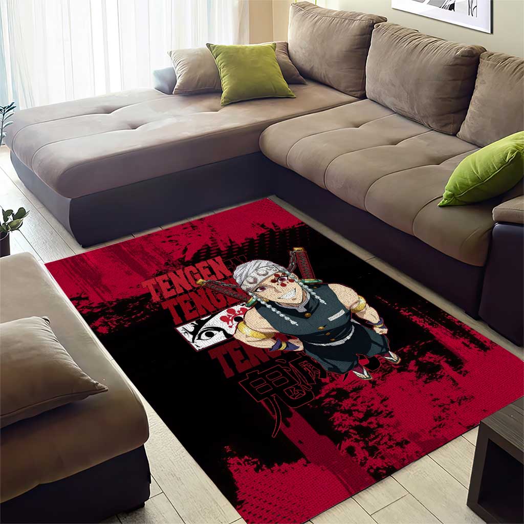 Tengen Uzui Demon Slayer Flashy Red Grunge Design Area Rug with Eye Detail and Dual Sword Pose - The Mazicc