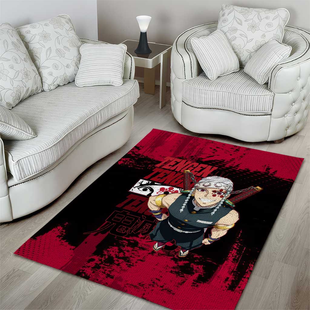 Tengen Uzui Demon Slayer Flashy Red Grunge Design Area Rug with Eye Detail and Dual Sword Pose - The Mazicc