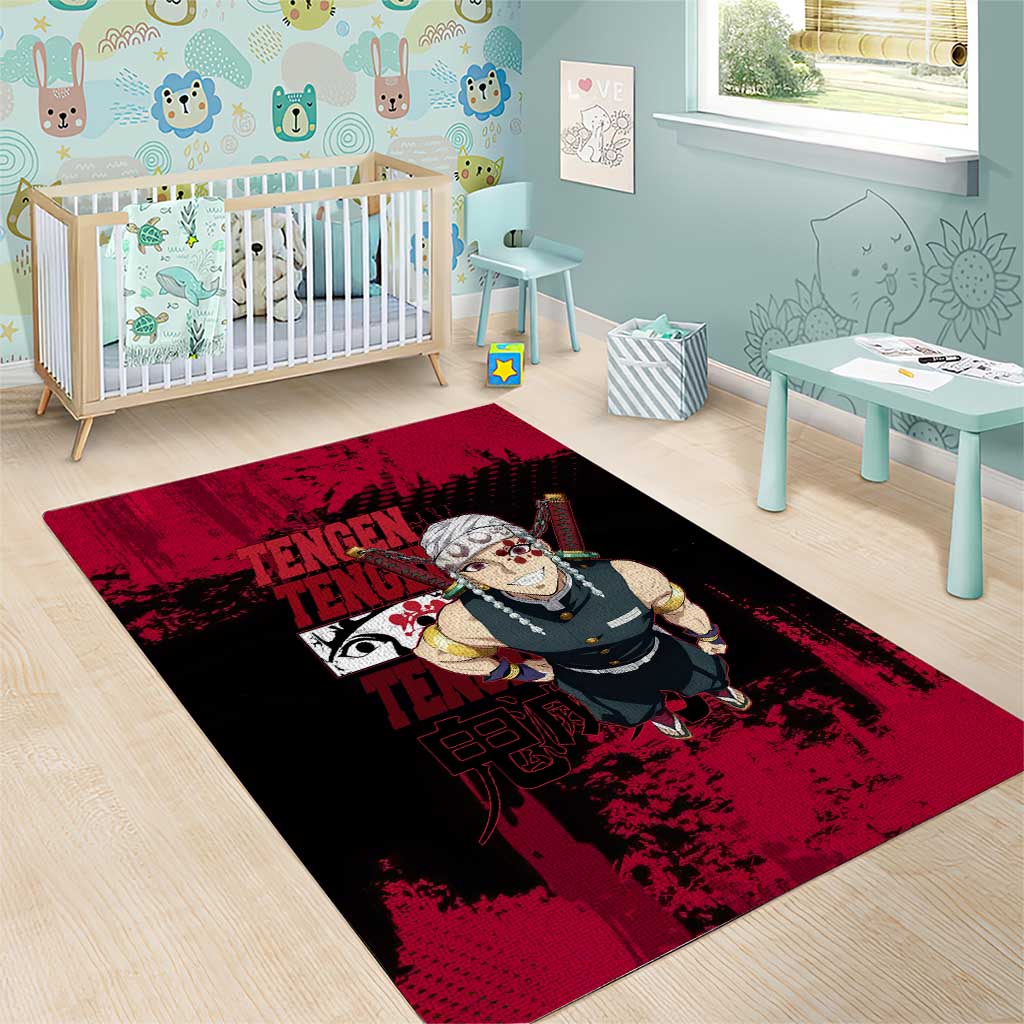 Tengen Uzui Demon Slayer Flashy Red Grunge Design Area Rug with Eye Detail and Dual Sword Pose - The Mazicc