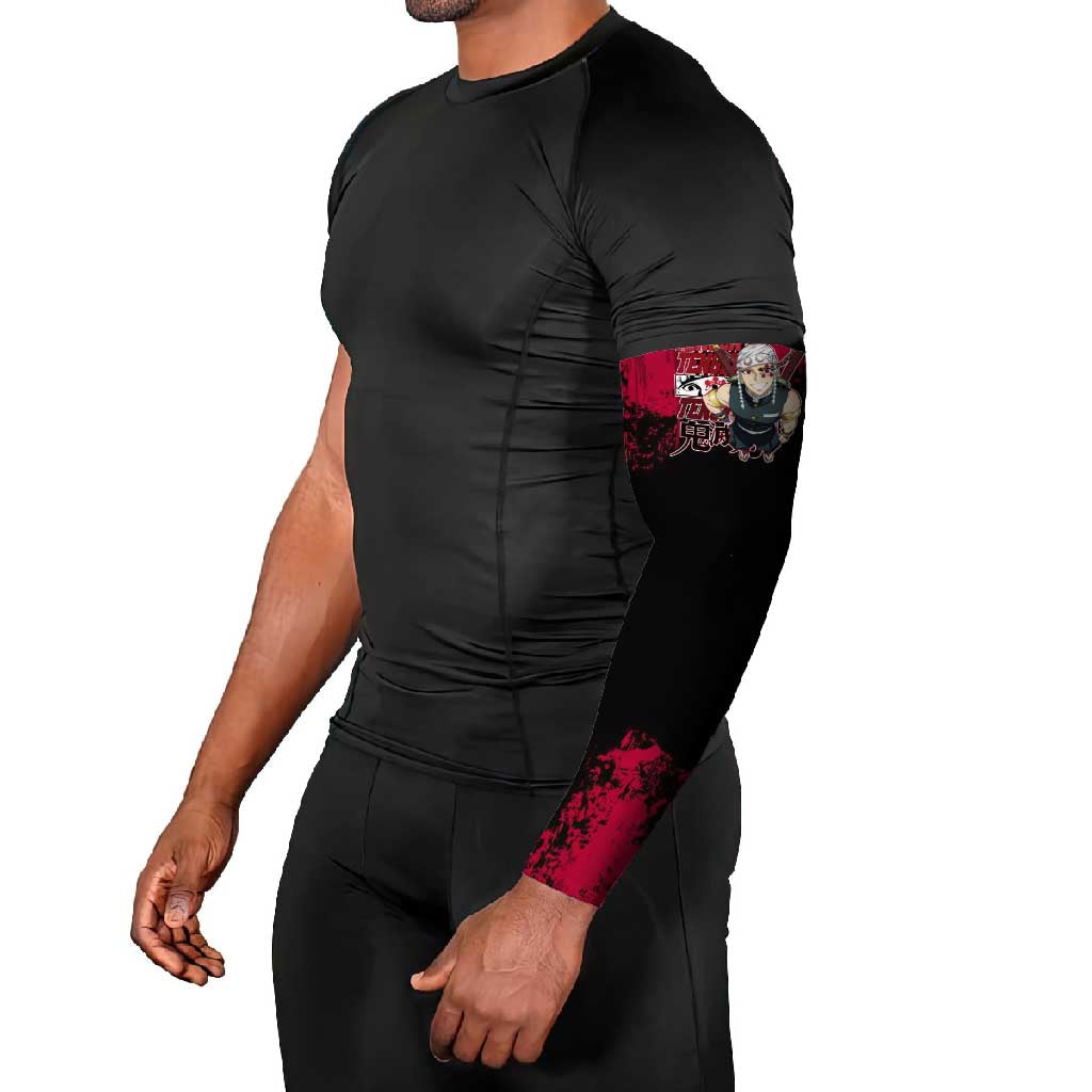 Tengen Uzui Demon Slayer Flashy Red Grunge Design Arm Sleeves with Eye Detail and Dual Sword Pose - The Mazicc