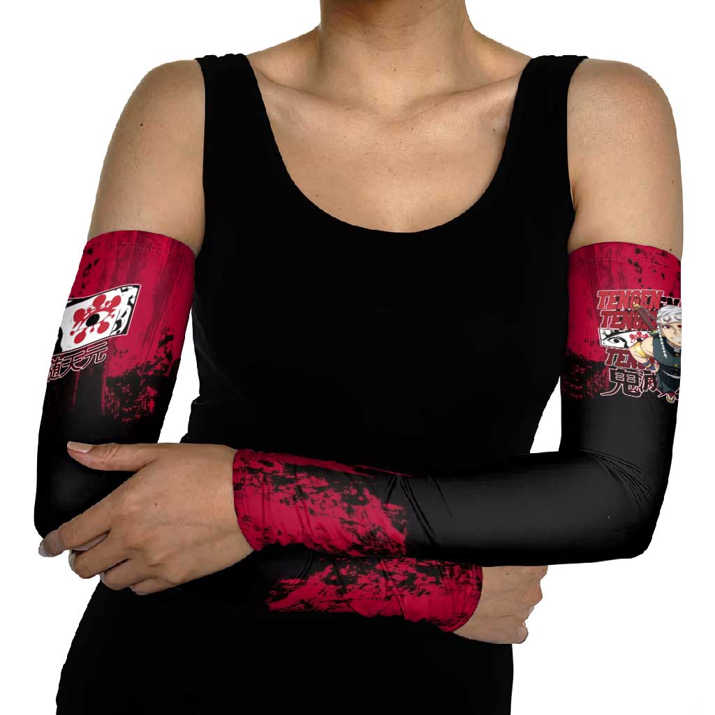 Tengen Uzui Demon Slayer Flashy Red Grunge Design Arm Sleeves with Eye Detail and Dual Sword Pose - The Mazicc