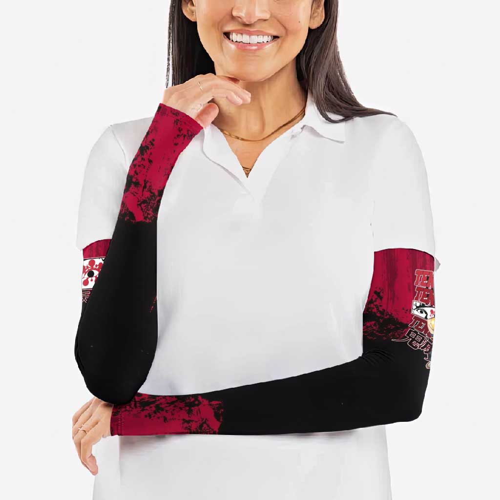 Tengen Uzui Demon Slayer Flashy Red Grunge Design Arm Sleeves with Eye Detail and Dual Sword Pose - The Mazicc