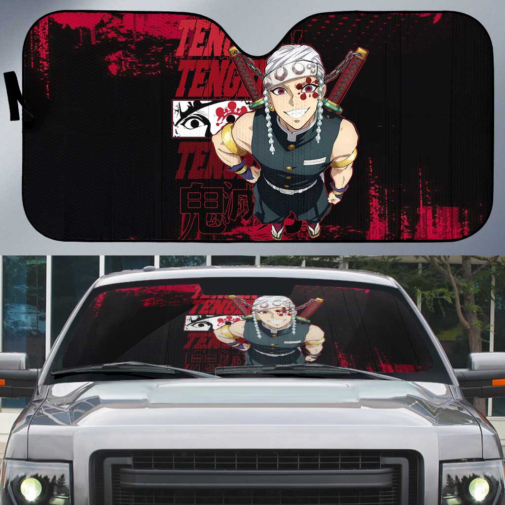 Tengen Uzui Demon Slayer Flashy Red Grunge Design Auto Sun Shade with Eye Detail and Dual Sword Pose - The Mazicc
