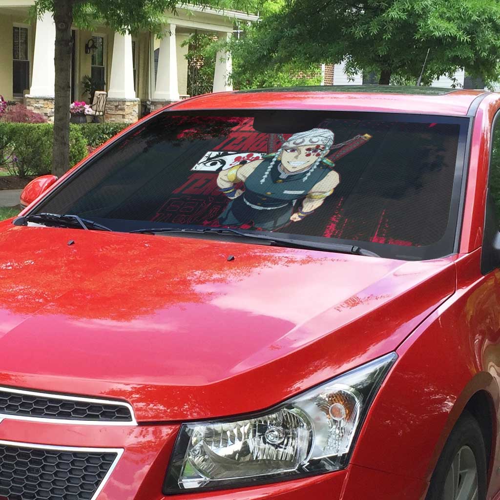 Tengen Uzui Demon Slayer Flashy Red Grunge Design Auto Sun Shade with Eye Detail and Dual Sword Pose - The Mazicc
