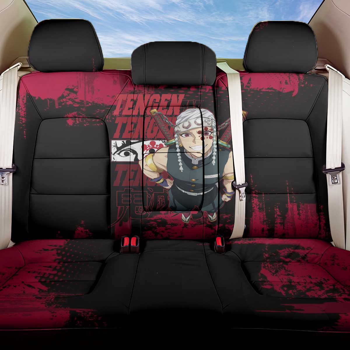 Tengen Uzui Demon Slayer Flashy Red Grunge Design Back Car Seat Cover with Eye Detail and Dual Sword Pose - The Mazicc