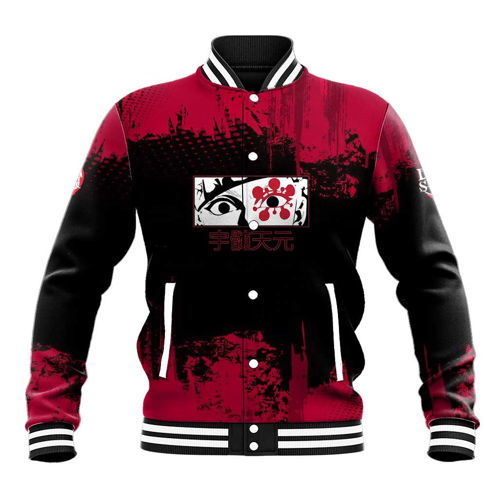Tengen Uzui Demon Slayer Flashy Red Grunge Design Baseball Jacket with Eye Detail and Dual Sword Pose - The Mazicc
