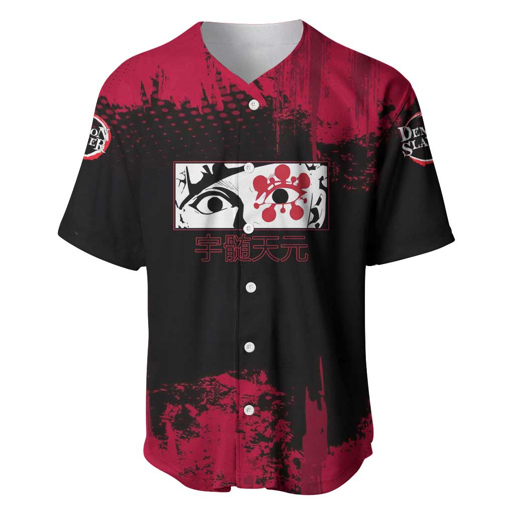 Tengen Uzui Demon Slayer Flashy Red Grunge Design Baseball Jersey with Eye Detail and Dual Sword Pose - The Mazicc