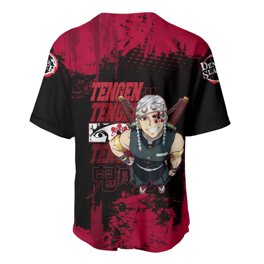 Tengen Uzui Demon Slayer Flashy Red Grunge Design Baseball Jersey with Eye Detail and Dual Sword Pose - The Mazicc