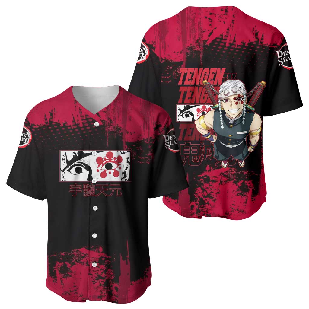 Tengen Uzui Demon Slayer Flashy Red Grunge Design Baseball Jersey with Eye Detail and Dual Sword Pose - The Mazicc