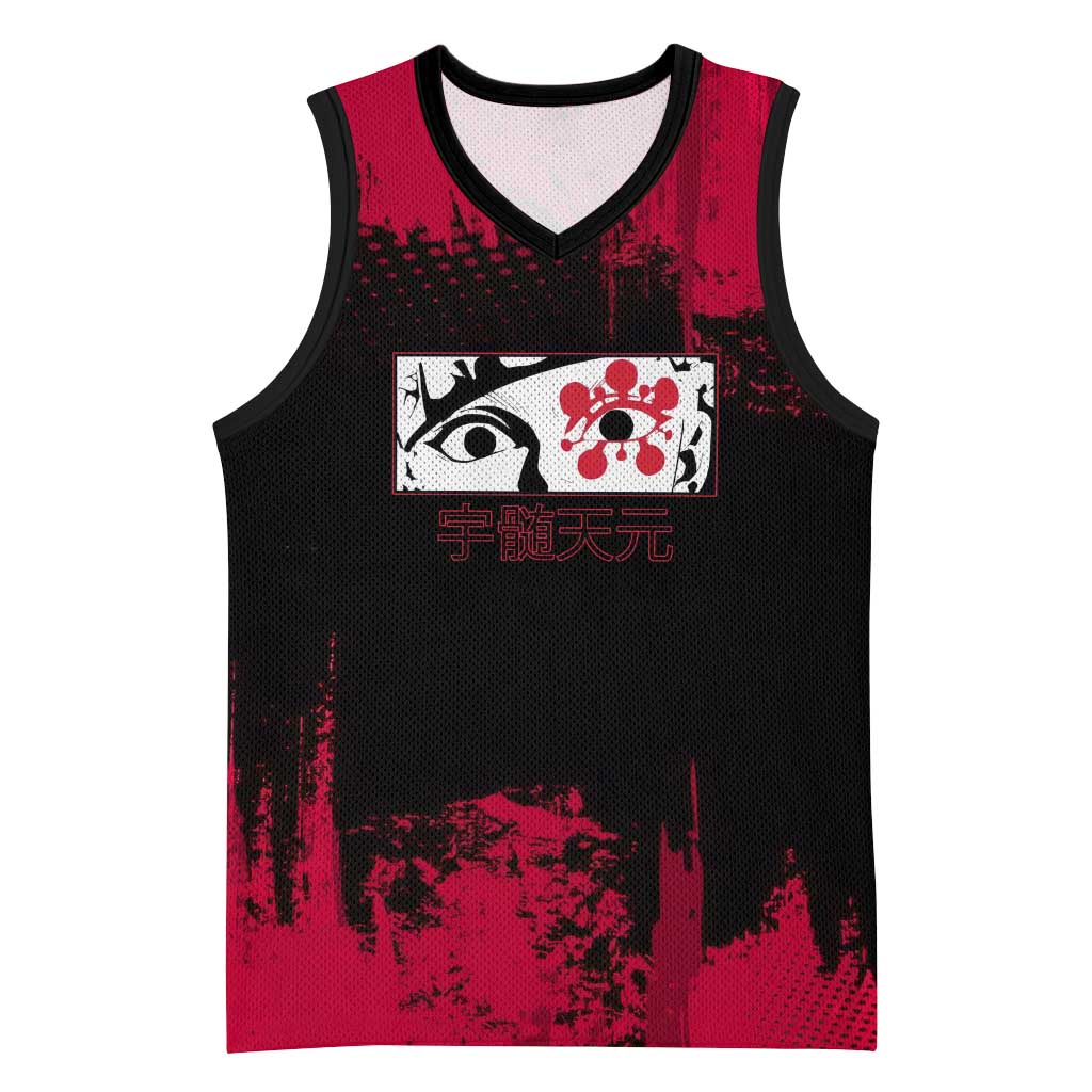 Tengen Uzui Demon Slayer Flashy Red Grunge Design Basketball Jersey with Eye Detail and Dual Sword Pose - The Mazicc