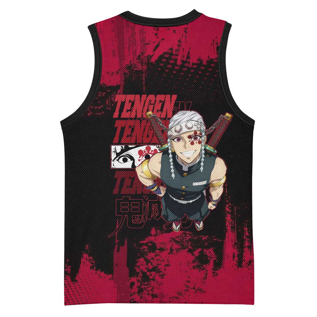 Tengen Uzui Demon Slayer Flashy Red Grunge Design Basketball Jersey with Eye Detail and Dual Sword Pose - The Mazicc