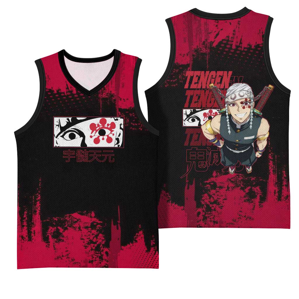 Tengen Uzui Demon Slayer Flashy Red Grunge Design Basketball Jersey with Eye Detail and Dual Sword Pose - The Mazicc