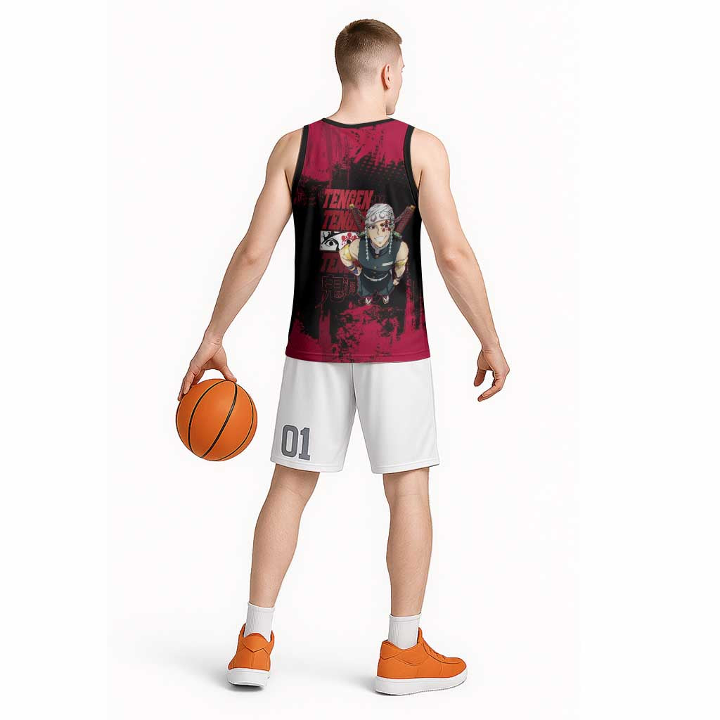 Tengen Uzui Demon Slayer Flashy Red Grunge Design Basketball Jersey with Eye Detail and Dual Sword Pose - The Mazicc