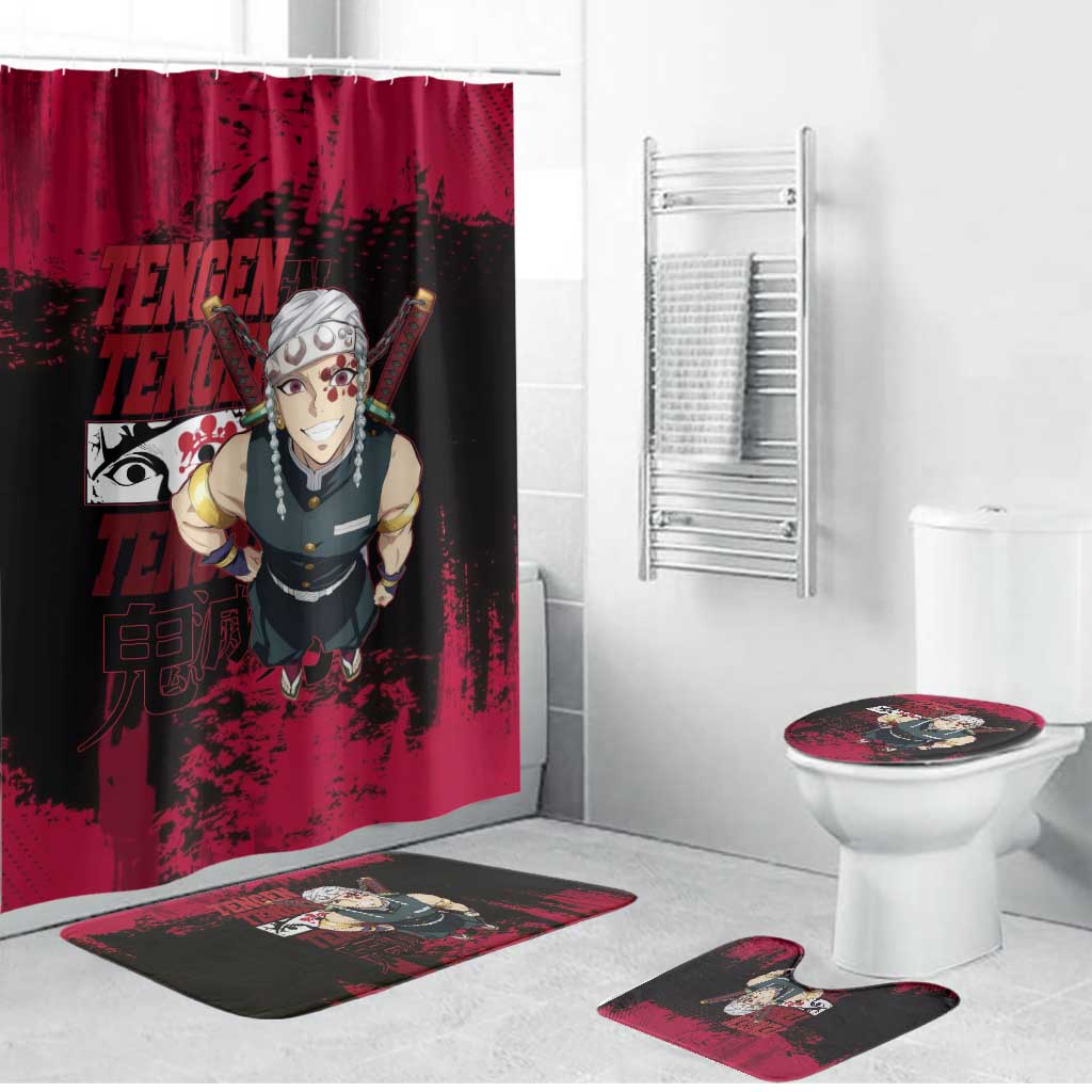 Tengen Uzui Demon Slayer Flashy Red Grunge Design Bathroom Set with Eye Detail and Dual Sword Pose - The Mazicc