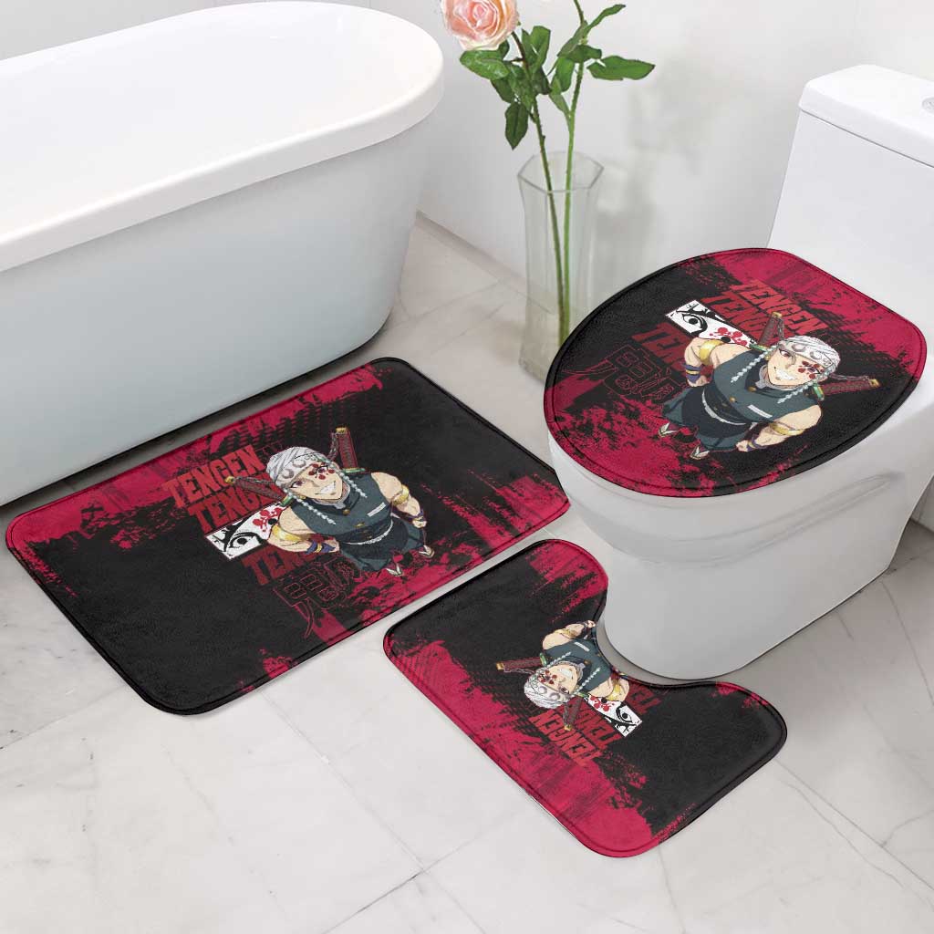 Tengen Uzui Demon Slayer Flashy Red Grunge Design Bathroom Set with Eye Detail and Dual Sword Pose - The Mazicc