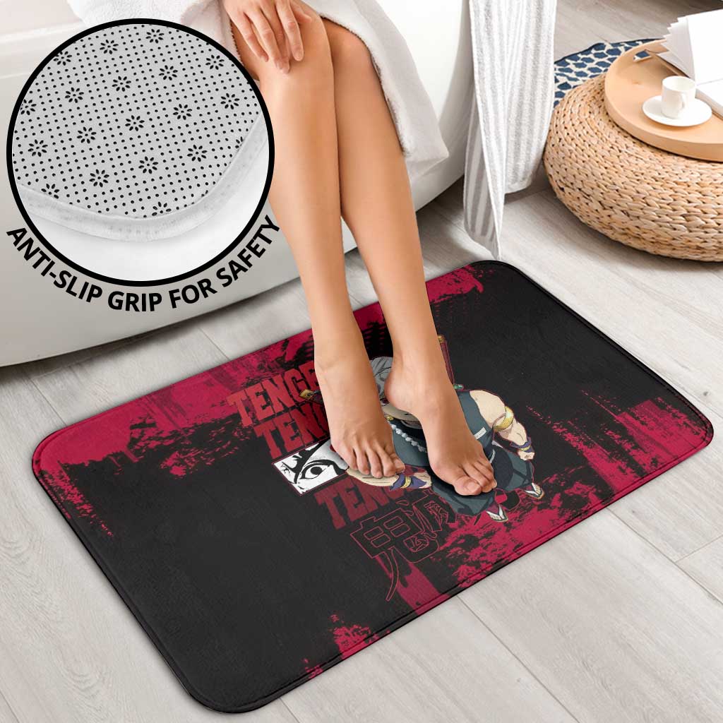 Tengen Uzui Demon Slayer Flashy Red Grunge Design Bathroom Set with Eye Detail and Dual Sword Pose - The Mazicc