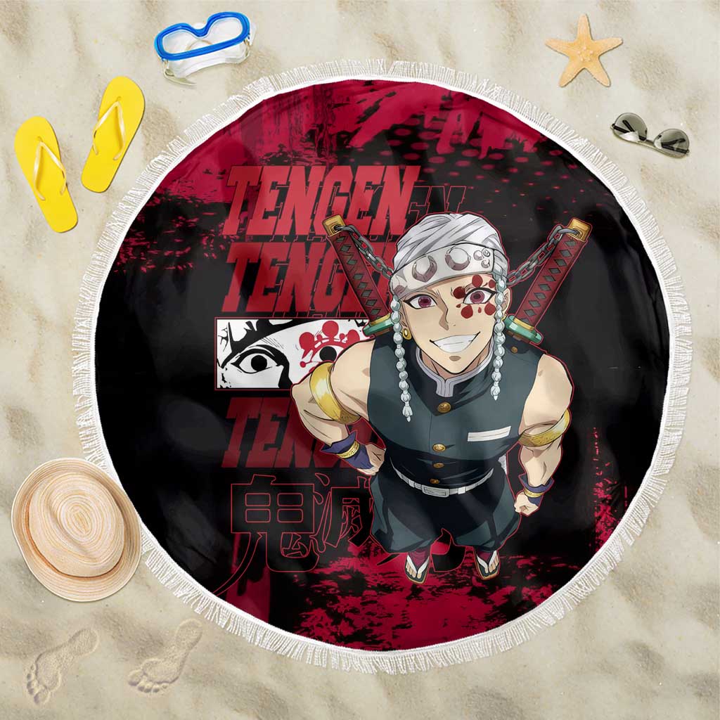 Tengen Uzui Demon Slayer Flashy Red Grunge Design Beach Blanket with Eye Detail and Dual Sword Pose - The Mazicc