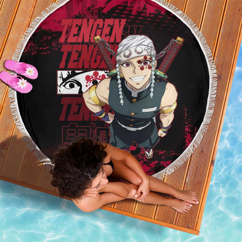 Tengen Uzui Demon Slayer Flashy Red Grunge Design Beach Blanket with Eye Detail and Dual Sword Pose - The Mazicc